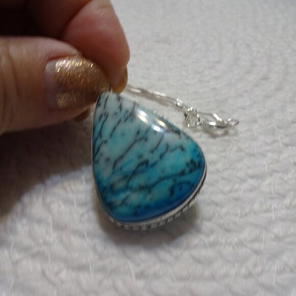 Beautiful BLUE DENDRITE OPAL Handmade Sterling 925 Pendant/Chain #994C - Picture 1 of 3